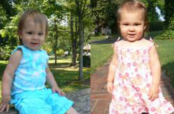 Two side-by-side, outdoor pictures of toddler girl