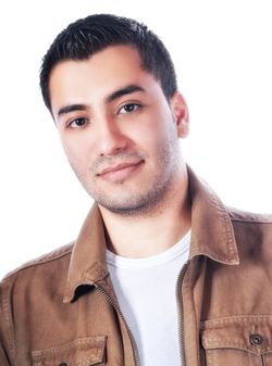 Young man with brown jacket and white shirt on white background